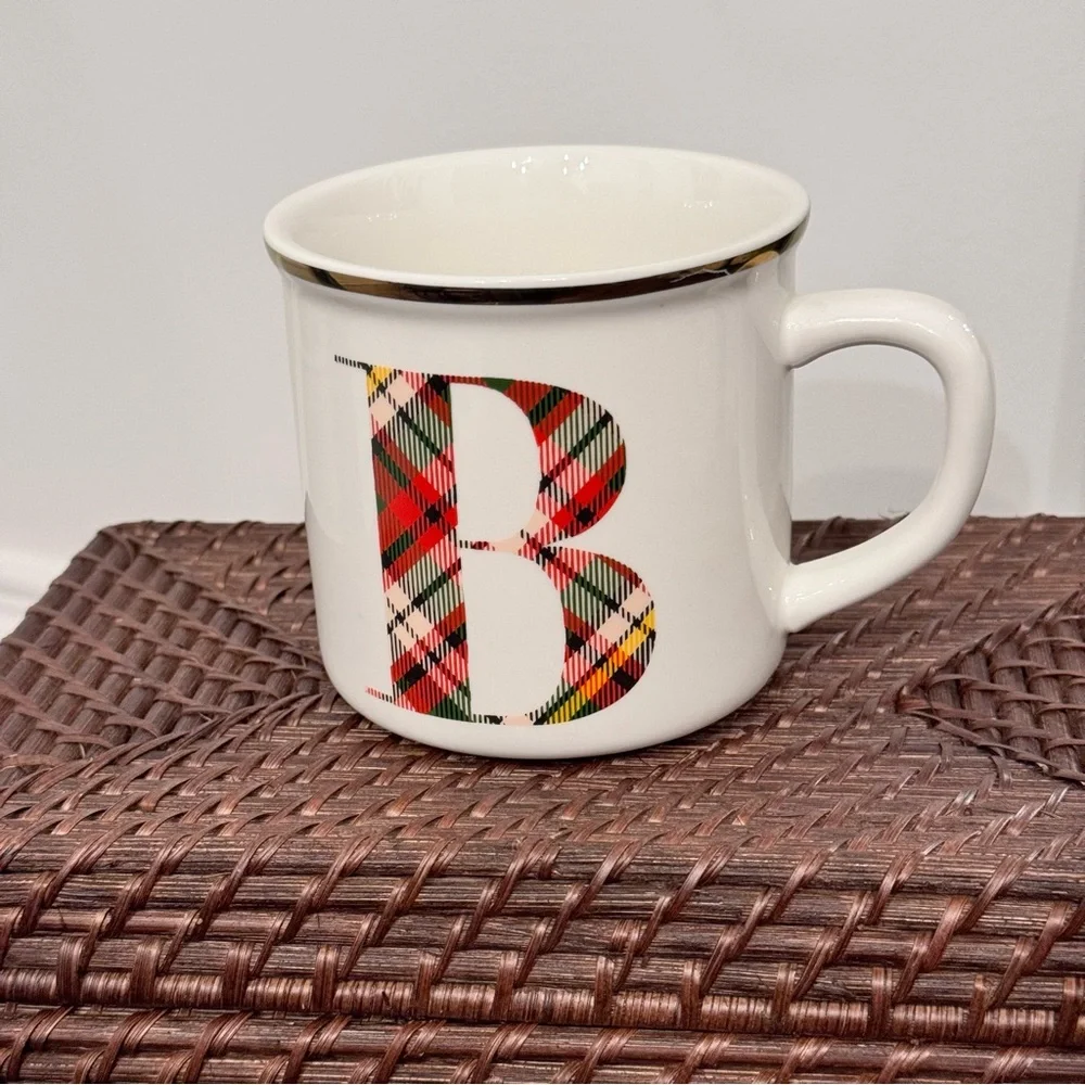Pottery Barn Plaid Alphabet Stoneware Mug Letter B Initial Personalized 16oz
